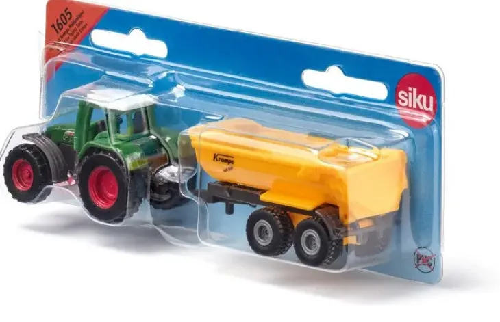 Siku traktori ja keltainen peräkärry